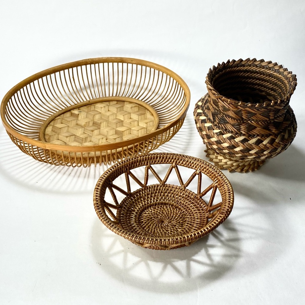 Bundle 3 Vintage Handmade Small Baskets Pine Needle, Bamboo, and Rattan